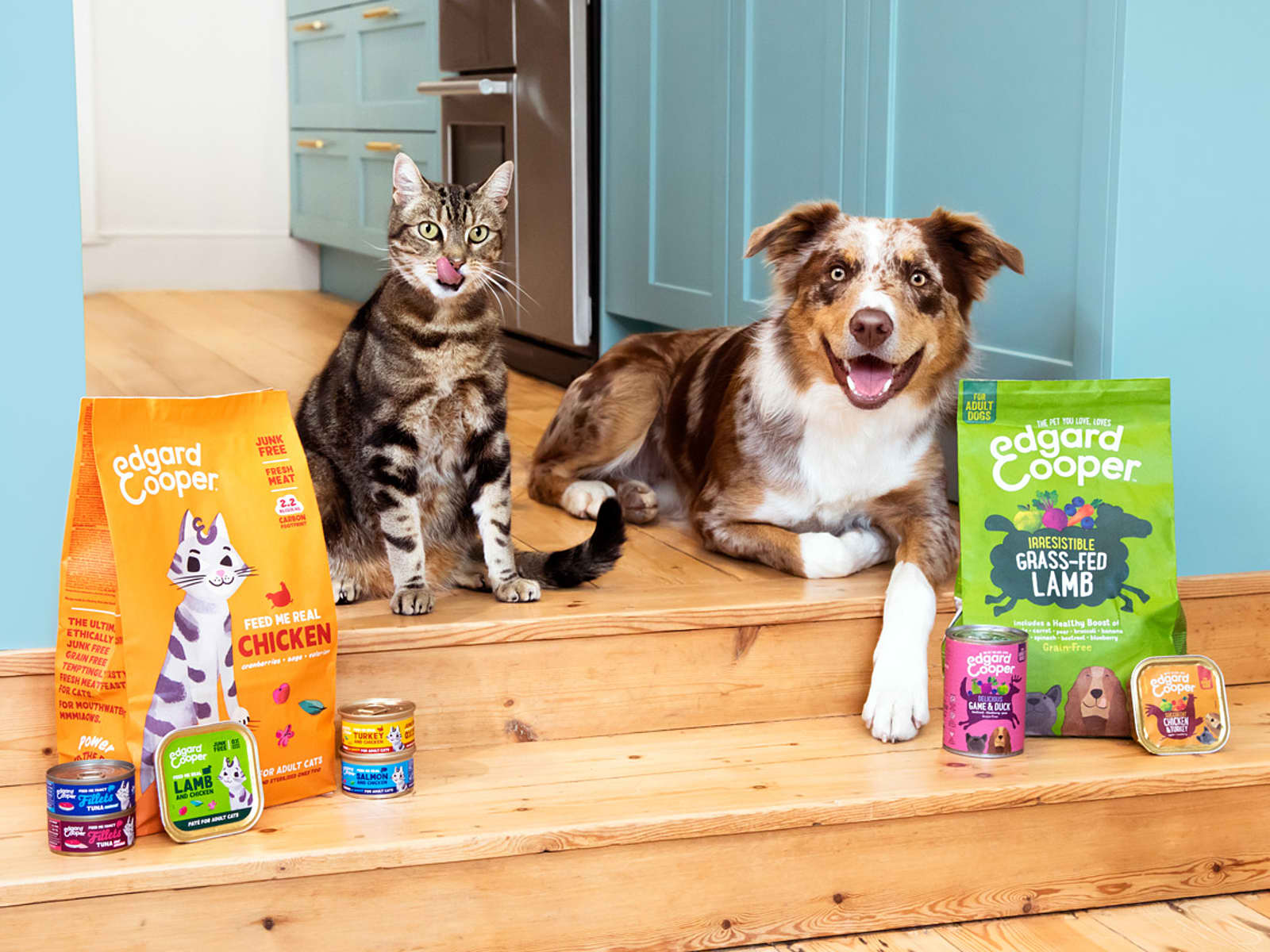 Cat and dog surrounded by Edgard and Cooper products